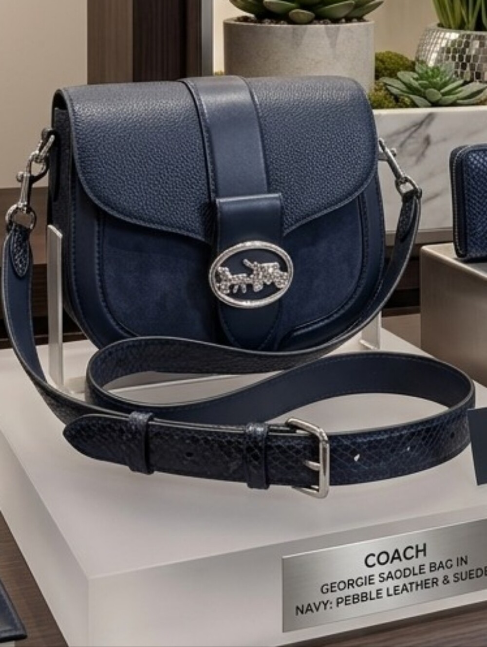 Coach Georgie Saddle Navy Blue Pebbled Leather Suede Crossbody Shoulder Bag